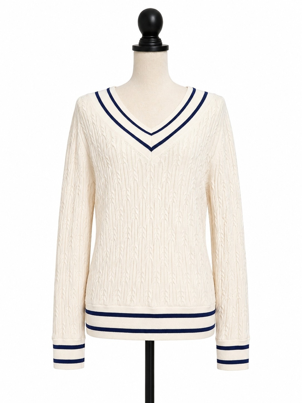 Etcetera Cream V-Neck Cable Sweater with Navy Trim - Picture 2 of 4